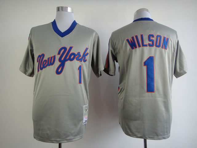 Men New York Mets #1 Wilson Grey Throwback MLB Jerseys